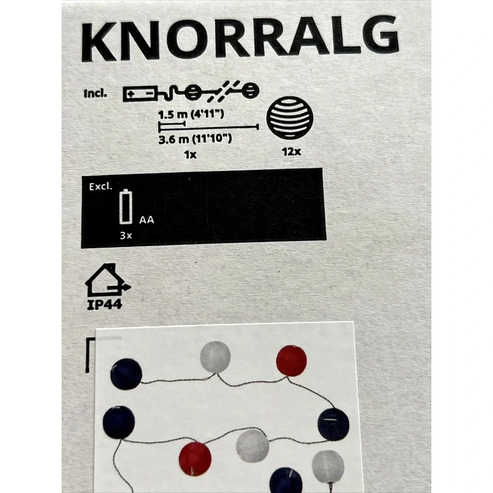 IKEA Knorralg Solvinden LED String Light, 12 Lights Red Blue White July 4th New